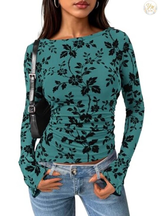 Tops - Women's Floral Mesh Boho Bell Sleeve Blouse Boat Neck Ruched Top